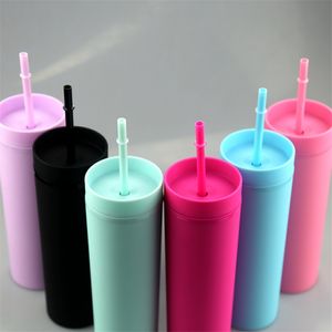 16oz acrílico tumblers tumblers fosco copos coloridos com tampas e palhas 6 cores parede dupla tumbler plástico copo bebendo copo portátil esporte garrafas de água ao ar livre