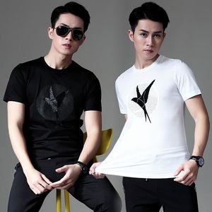 Camisetas para hombre Pájaro de algodón Mercerizado Slim Pájaro Impreso Impresionado Camiseta redonda de manga corta