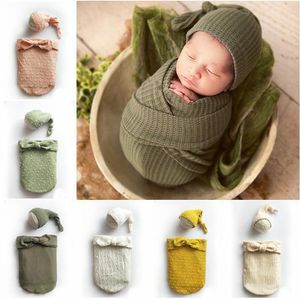 Kepsar hattar född babypografi swaddle sovsäck hatt 2pcs sätter ullen stickad unisex pojke tjej po kostymer kläder stretchy1