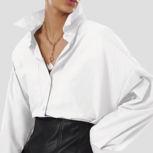 Long Sleeve Women Blouse Shirts Elegant Loose Pocket Classic Basis White Womens Tops Blouses 100% Cotton Shirt Tunic Top 210419