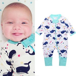 Fulltryck Zipper nyfödda kläder Baby Pyjamas Romper Boys Sleepwear Bomull Tjej Jumpsuit Spädbarn Övergripande 0-2Years Toppkvalitet 210413