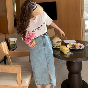 Sexy Denim Skirts Women Fashion Split Mid-Calf Length Skirts Vintage Pocket Blue Saia Ladies High Waist Hip Skirt Summer 210527