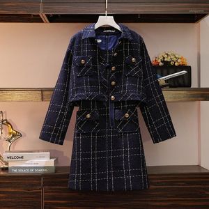 Survêtements femme petit parfum laine Plaid 2 pièces ensemble automne tweed veste manteau jarretelle gilet robe deux grande taille 5XL costume