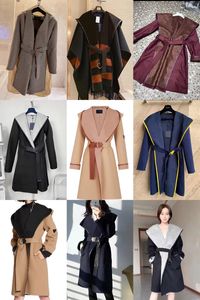 Lã CBrand Designer Coats Jaqueta Feminina Outono Longo Estampado Material de Lã Casaco com Capuz Casaco Elegante Wrap-Around Duas Cores Plus Size