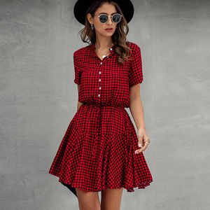 Mini abito camicia da donna Summer Plaid Snake Print Scollo a V Manica corta Bottone Increspato Ladies Lace Up Office es 210526