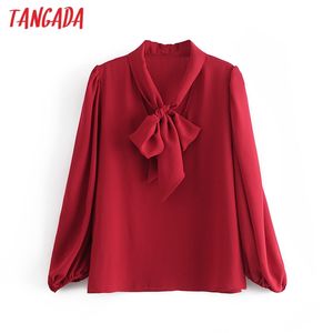 Kvinnor röd båge nacke chiffong tröjor långärmad elegant kontor damer arbete slitage blouses 3a131 210416