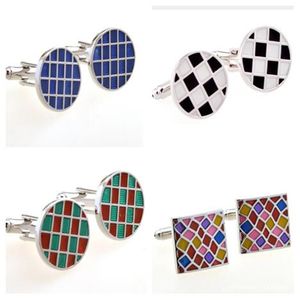 10pairs/lot Copper Cufflinks Square/Round Enamel Grid Pattern Cuff Links Business Style Gift Men's Jewelry Whole