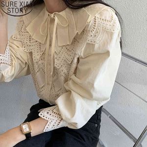 Сладкая корейская вышивка весенние пустые топы кружева блузка старинные с длинным рукавом рубашка женщины кукла воротник лук блузки 12717 210417