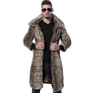 Jesień Długie Faux Futro Skórzana Kurtka Męskie Zimowe Zagęścić Ciepłe Leopard Drukuj Fur Skórzany Płaszcz Mężczyźni Luźne Kurtki Lapel 211213