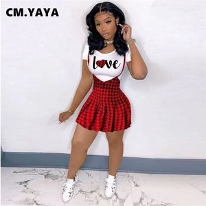 CM.Yaya Summer Sweat Women's Set Classic Love T-shirts och Houndstooth Suspender kjol matchande två 2 styck mode outfits 220302