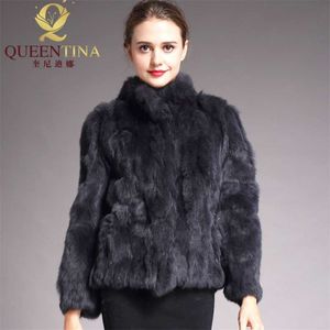 High Quality Real Fur Coat Fashion Genuine Rabbit Overcoats Elegant Women Winter Outwear Stand Collar Jacket 210928