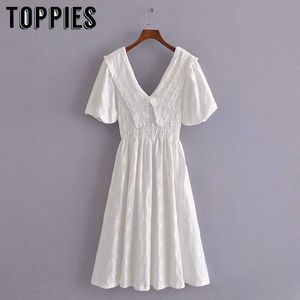 Toppies Kadınlar İnce Beyaz Elbise Oymak Işlemeli Vestidos Kadınlar Yaz Elbiseler 210412