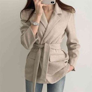 Vintage Notched Collar Thick Blazer Jacket Autumn Winter Coat Women Korean Casual Lace-up Slim Female Suit Outwear Abrigo Mujer 210514