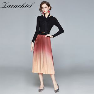 Vintage Strick Patchwork Plissee Midi Herbst Winter Frauen Büro Langarm Oansatz Schärpen Pullover Kleid frei Schal 210416