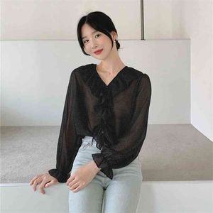 dot chiffon shirt Vintage black female Oversize Tops Women spring Girls Blouse Plus Size Autumn Blouses femme Blusas 210423