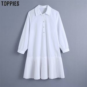 White Pleated Blouse Dress Vintage Long Sleeve Female Draped Dresses Vestidos 210421