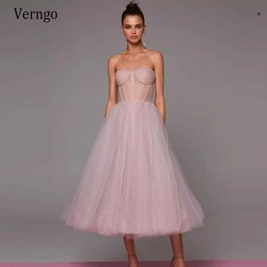 Verngo Dusty Pink Lavender Navy Blue A Line Tulle Short Prom Dresses Sweetheart Sheer Boning Tea length Formal Party Gowns Y0706