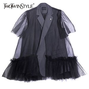 Casaco de malha de patchwork casual para mulheres lapela luva curta plissada jaquetas coreanas feminino moda roupas 210524