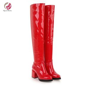 Boots Original Intention Stylish Winter Over The Knee High Patent Leather Woman Pointed Toe Square Heels Metal Color