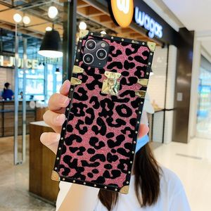 Skimrande pulver Leopard Print Luxury Designer Visa Box Telefonväskor till iPhone 12 11 Pro Promax X XS XSmax 7 8 Plus Samsung Not20 S21 A51 A71