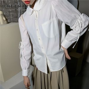 Peter Pan Collar Biały Z Długim Rękaw Koreański Bluzka Kobiety Puff Top Krawat Przycisk Koszula Wiosna Moda Odzież 210427