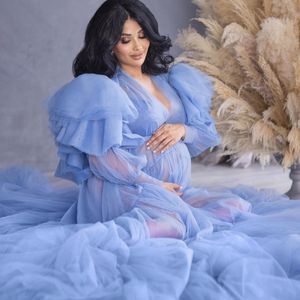 Fashion Blue Pregnant Women's Prom Dresses V Neck Maternity Long Robes for Photo Shoot Ruffles Cap Sleeve Evening Gowns