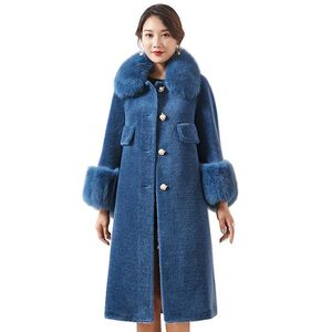 Women's Fur & Faux Lady Real Wool Blend Coat Collar And Cuff Winter Women X-Long Warm Outerwear Coats LF5159