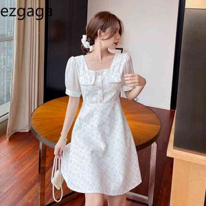 Ezgaga vestido floral mulheres chique coreano moda manga curta chiffon laço patchwork botão a linha verão escritório senhora temperamental 210430