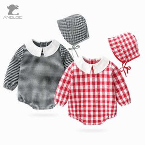 Baby Girls Plaid Romper Korea Långärmad Princess Jumpsuit Spädbarn Född födelsedagsfestkläder med hatt 210615