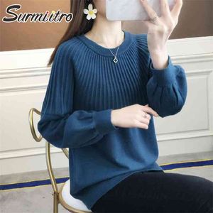Spring Autumn Korean Style Knitted Sweater Women Striped Long Sleeve Jumper Pullover Female Blue Black Knitwear 210421