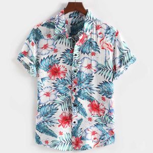 Ropa Hombre Sommar Mens Bomull Skjortor Flamingo Tryck Casual Tunn Fit Andningsbara Kortärmad T-shirts 210527