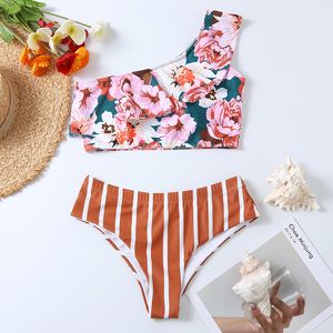 Bandeau Bikinis Rüschen Badeanzüge Eine Schulter Bademode Frauen Hohe Taille Badeanzüge Cut Biquini Sexy Tanga Beachwear 210520