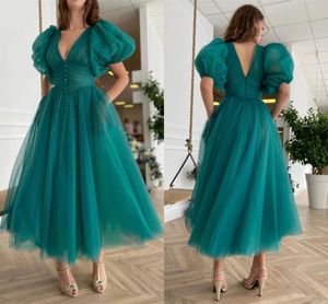 Prom Teal Vintage Dree مع جيب قصير الأكمام Deep V Cutom عن العنق صنع خط شاي خط PLU حجم ثوب حفلة المساء رسمي