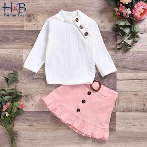 Spring Autumn Girls Clothing Sets Button Cotton Strip High Turtleneck Top +Woven Skirt 2Pcs Suit Outfits 210611