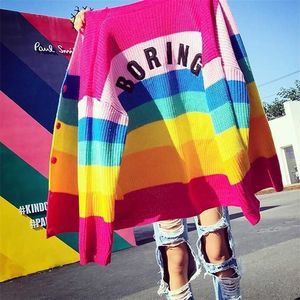 Lazy BORING Emboridery Rainbow Striped Cardigan Oversized Long Sleeve Knit Top Womens Sweaters Cardigans Harajuku Outift / 211103