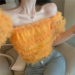 Mode Sexy Crop Tops Sommer Chic Slash Neck Spitze Chiffon Bluse Frauen Rüschen Kuchen Kurzarm Kleidung Blusas De Mujer 210429