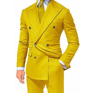 Yellow Double Breasted Slim fit Suits for Men Peaked Lapel Custom 2 piece Wedding Groom Tuxedos Man Fashion Clothes Set Jacket 201105