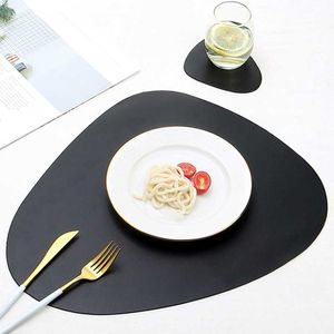 2PCS Placemat Coasters Cookware PU Leather Place Mats Waterproof Non-Slip Heat Insulation Dinner Table Kitchen without Letter 210706