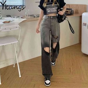 Gradient Color Ripped Hole Fringe High Waist Wide Leg Jeans Streetwear Harajuku Hip Hop Gothic Women Denim Pants Baggy Trousers 211129