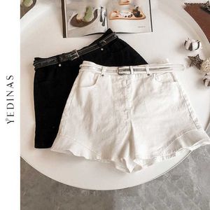 Yedinas Streetwear High Waist Women Shorts With Belt Summer Casual Female Wide Leg Short Jeans Ruffles Black Denim 210527