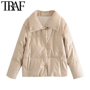 Женщины Мода Толстые Теплые Parkas Faux Кожаная мягкая Куртка Пальто Винтаж С Длинным Рукавом Карманы Женская Верхняя Одежда Chic Tops 210507