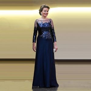 Senaste Ankomst Navy Blå Långärmade Brudens Mamma Klänningar Illusion Bateau Neckline Squined Bodice Wedding Party Dresses