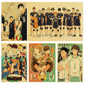 Wholesale volleyball stickers resale online - Wall Stickers Haikyuu Volleyball Boy Retro Kraft Paper Poster Japanese Sport Anime Manga Character Atlas For Home Bar Art Decor