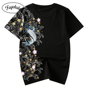 夏のメンズTシャツ半袖ラウンドネック中国風鯉刺繍柄綿シャツTシャツ男性210726