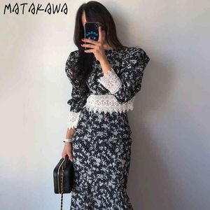 MATAKAWA Two Piece Set Women Korean Fashion Retro Heavy Industry Lace Floral Blouses + High Waist Bodycon Fishtail Skirt Suit 210513