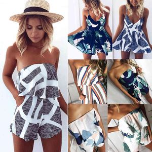 Summer Women Beach Tuta Plus size Stampa Pagliaccetto Senza maniche Spalle scoperte Salopette corta Backless Sexy Playsuit per donna 210507