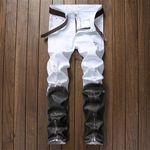 Złamane powlekane Ripped Jeans Mężczyźni Wysokiej Jakości Spodnie Bawełniane Zipper Biker Dżinsy Kowbojskie Dżinsy Spodnie Czarny Biały Patchwork X0621