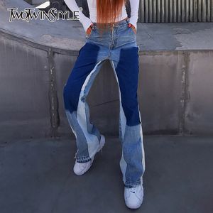 TWOTWINSTYLE Hit Farbe Patchwork Jeans Für Frauen Hohe Taille Breite Bein Gerade Hosen Weibliche Mode Kleidung Herbst 210517