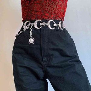 Mode Punk Moon Sun Metal Belt Kvinnor Vintage High Chain Waist Gothic Sliver Pendant Belts Kvinna Bästa gåva