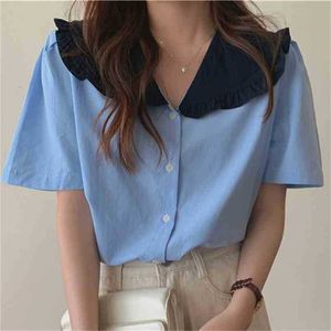 Color-Hit Peter Pan Collar Loose Office Lady Shirts Stylish Short Sleeves Girls Femme Casual OL Blouses 210525